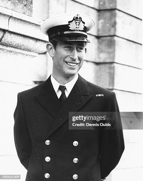 Prince Charles wearing naval uniform as he arrives at Britannia Royal Naval College to begin training, Dartmouth, Devon, September 15th 1971.
