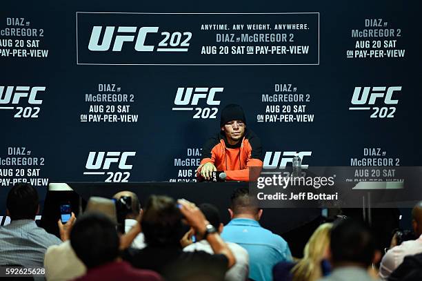 Nate Diaz speaks to the media during the UFC 202 news conference at T-Mobile Arena on August 20, 2016 in Las Vegas, Nevada.