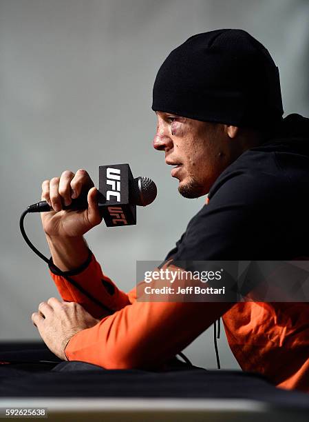 Nate Diaz speaks to the media during the UFC 202 news conference at T-Mobile Arena on August 20, 2016 in Las Vegas, Nevada.