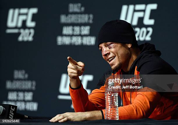 Nate Diaz speaks to the media during the UFC 202 news conference at T-Mobile Arena on August 20, 2016 in Las Vegas, Nevada.