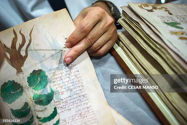 Quality control operator of the Spanish publishing outfit Siloe Luis Miguel works on cloning the illustrated codex hand-written manuscript Voynich in...