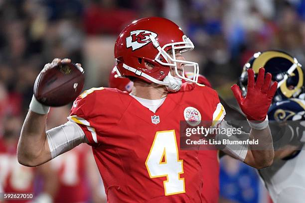 Nick Foles of the Kansas City Chiefs looks to pass the ball during the game against the Los Angeles Rams at Los Angeles Memorial Coliseum on August...