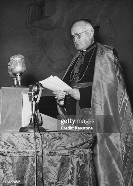 Cardinal Ernest Ruffini officiating at the ceremonies to mark the 15th anniversary of the enthronement of the Pope, at the Auditorium of the Pius...