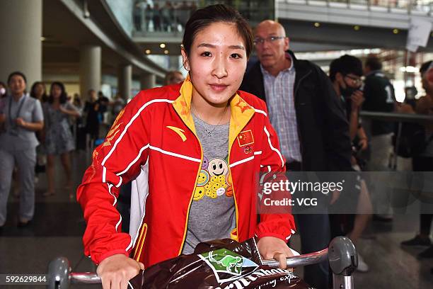 Liu Shiwen of Chinese table tennis team arrives at the airport after competing in the Rio 2016 Olympic Games on August 20, 2016 in Beijing, China.