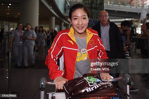Liu Shiwen of Chinese table tennis team arrives at the airport after competing in the Rio 2016 Olympic Games on August 20, 2016 in Beijing, China.