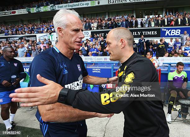 Mick McCarthy, Manager of Ipswich Town shakes hands with Alex Neil, Manager of Norwich City during the Sky Bet Championship match between Ipswich...