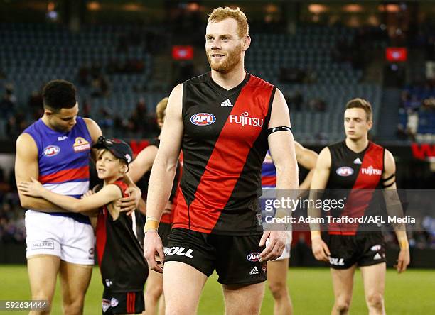 Adam Cooney of the Bombers looks on after his 250th and final game during the 2016 AFL Round 22 match between the Essendon Bombers and the Western...