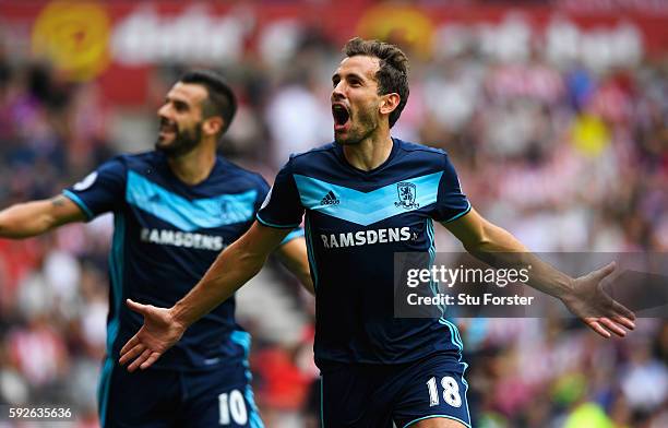 Christian Stuani of Middlesbrough celebrates scoring the opening goal with Alvaro Negredo during the Premier League match between Sunderland and...