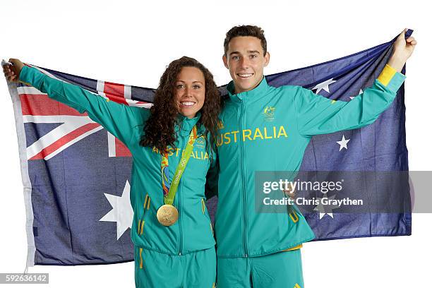 Women's Modern Pentathlon Gold medalist Chloe Esposito and her brother Max of Australia pose during a portrait session on August 21, 2016 in Rio de...