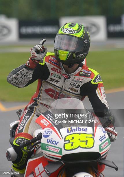 Winner Moto GP rider Cal Crutchlow of Great Britain celebrates after the MotoGP competition of Grand Prix of Czech Republic at Masaryk Circuit on...