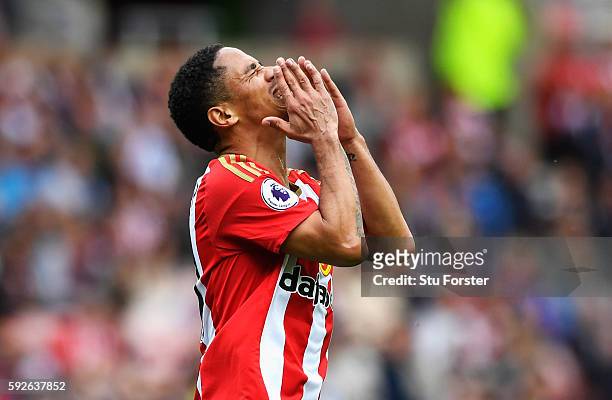 Steven Pienaar of Sunderland reacts during the Premier League match between Sunderland and Middlesbrough at Stadium of Light on August 21, 2016 in...