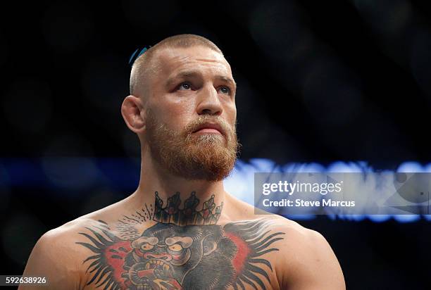 Conor McGregor waits for the start of his welterweight rematch against Nate Diaz at the UFC 202 event at T-Mobile Arena on August 20, 2016 in Las...