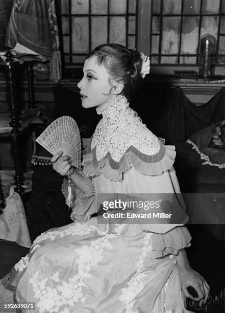 Actress and dancer Leslie Caron in costume during the rehearsals for the play 'Gigi' at the New Theatre, London, May 22nd 1956.