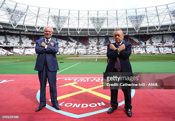 Co-owners of West Ham United David Gold and David Sullivan post for a picture at the stadium before the Premier League match between West Ham United...