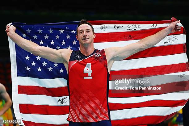 David Lee of United States celebrates as the United States secure the bronze medal during the Men's Bronze Medal Match between United States and...