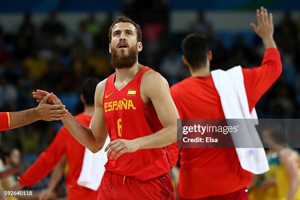 Sergio Rodriguez of Spain celebrates during the Men's Basketball Bronze medal game between Australia and Spain on Day 16 of the Rio 2016 Olympic...