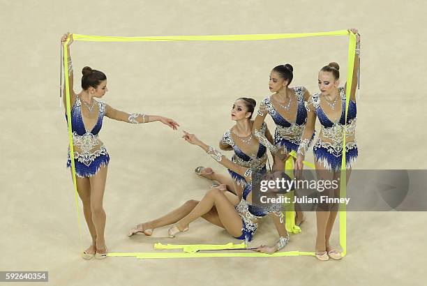 Martina Centofanti, Sofia Lodi, Alessia Maurelli, Marta Pagnini, Camilla Patriarca of Italy compete during the Group All-Around Final on Day 16 of...