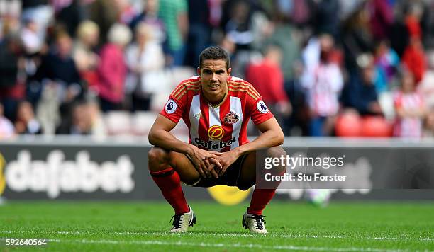 Sunderland player Jack Rodwell reacts after the Premier League match between Sunderland and Middlesbrough at Stadium of Light on August 21, 2016 in...