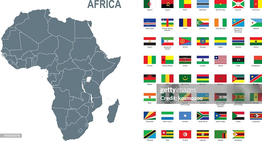 Graue Karte von Afrika mit Flagge vor weißem Hintergrund