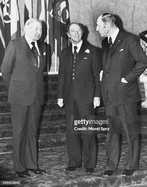 British Prime Minister James Callaghan , Canadian Prime Minister Pierre Trudeau and Dr Joseph Luns , the Secretary-General, at a meeting at Lancaster...