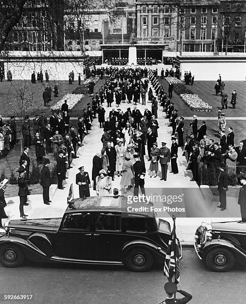 King George VI and Queen Elizabeth and the Royal party preparing to leave Grosvenor House to unveil the memorial to the late President Franklin D...