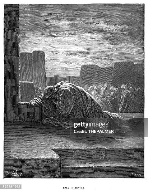 ezra in prayer engraving 1870 - praying stock illustrations