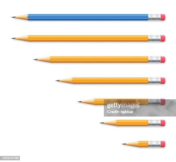 ilustrações de stock, clip art, desenhos animados e ícones de set of seven pencils on white background - borracha