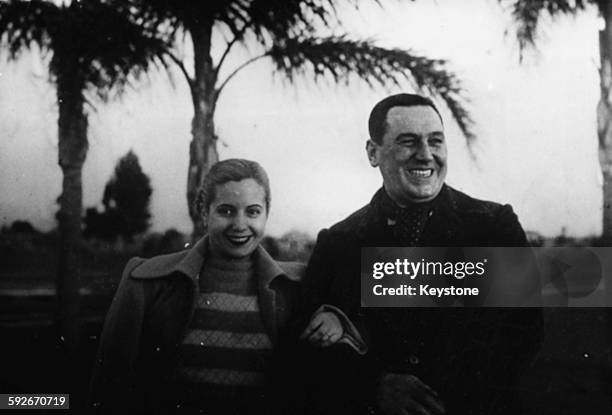 Portrait of President Juan Peron of Argentina and his wife Eva Peron, circa 1947.