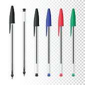 Set of six ballpoint pens on blank background