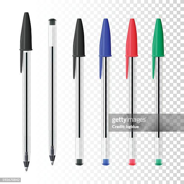 set of six ballpoint pens on blank background - school supplies white background stock illustrations