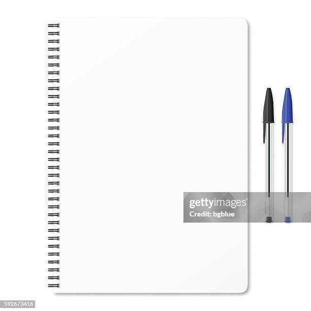 ilustrações de stock, clip art, desenhos animados e ícones de blank notepad with ballpoint pens on white background - bloco espiral
