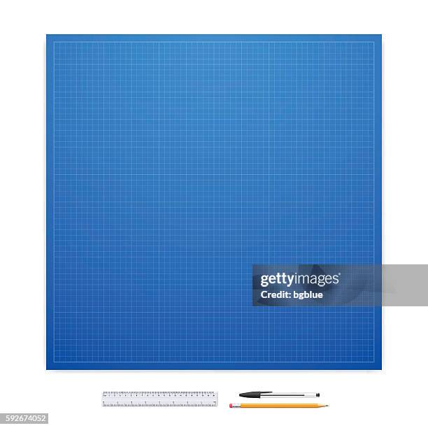 blueprint with office supplies - graph paper - graph paper stock illustrations