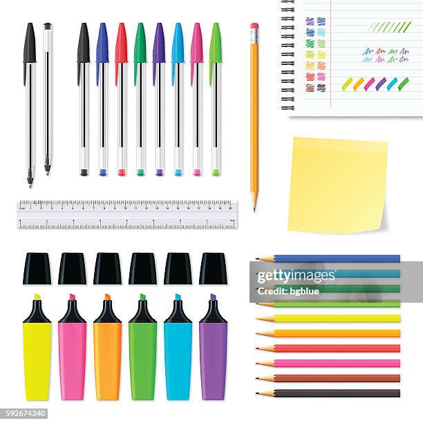 ilustrações de stock, clip art, desenhos animados e ícones de set of office supplies isolated on white background - marcador fluorescente