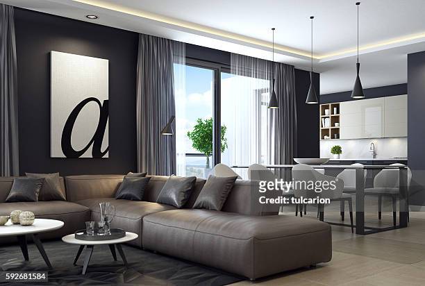modern luxury black style apartment with leather sofa - eetkamer stockfoto's en -beelden