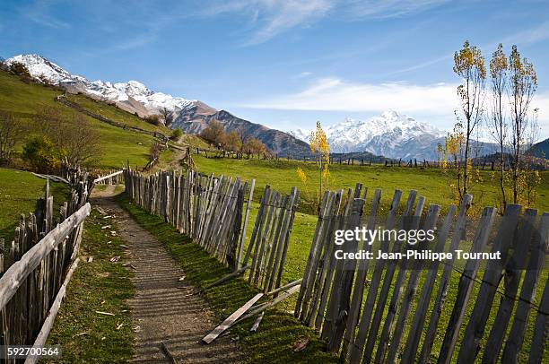 hiking trail in the high caucasus near mestia, svaneti, georgia - geórgia cáucaso do sul imagens e fotografias de stock