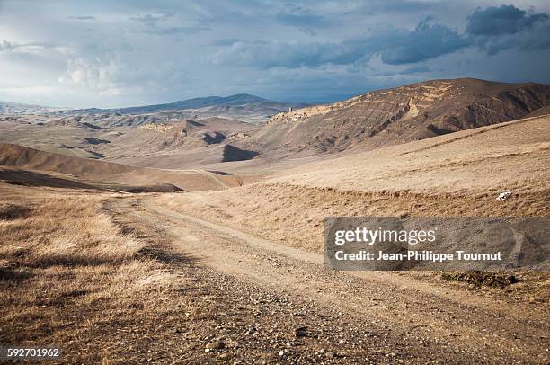 winding road across the georgian desert near david gareja monastery, kakheti region, eastern georgia. - tierra salvaje fotografías e imágenes de stock