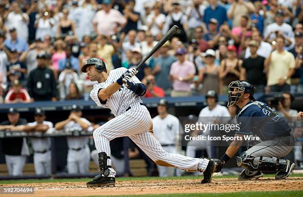 Tampa Bay Rays at New York Yankees at Yankee Stadium, Bronx, NY - Yankees Derek Jeter hits his 3000th career hit. A solo homerun to put him into the...