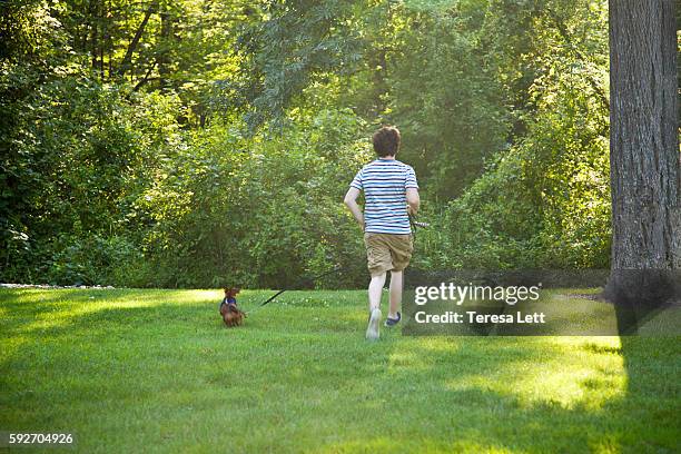 teen boy running with dog - grand rapids - michigan stock-fotos und bilder