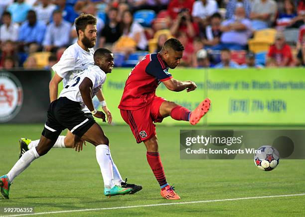 Quincy Amarikwa of the Chicago Fire tries the shot during the U.S. Open Cup quarterfinal between the Chicago Fire from Major League Soccer and the...