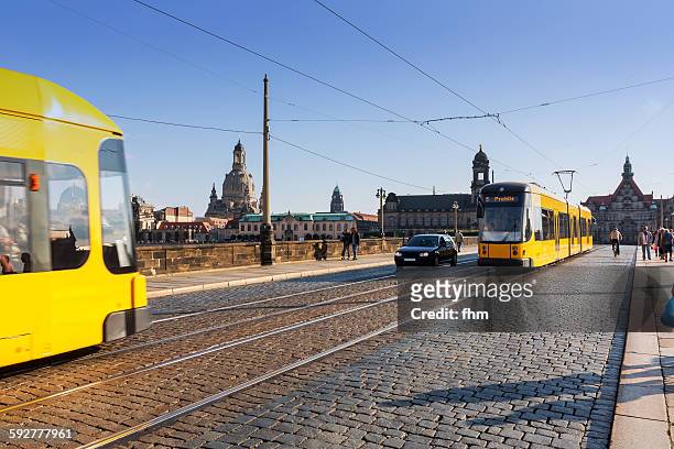 dresden - two trams with skyline - saxony stock pictures, royalty-free photos & images