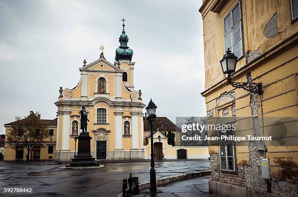 city square and carmelite church (karmalita templom) in gyor , hungary - gyor stock pictures, royalty-free photos & images