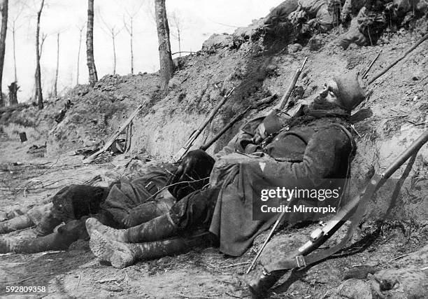 Moroccan and Algerian troops of the French 45th and 78th divisions lay dead in their trench close to the Belgian town of Ypres, following the first...