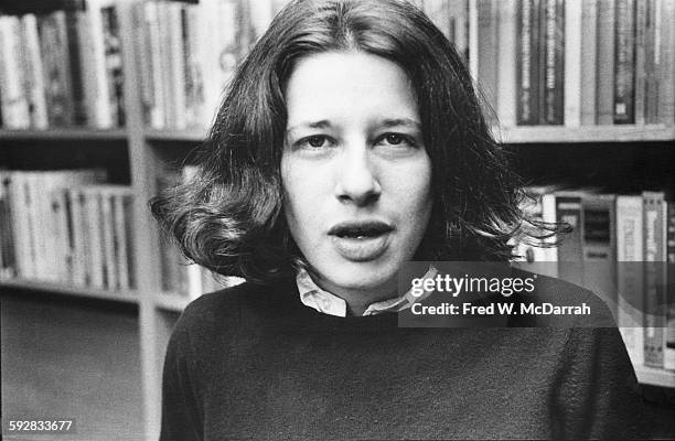 Portrait of American author Fran Lebowitz as she poses in her publisher's office, New York, New York, March 23, 1978.