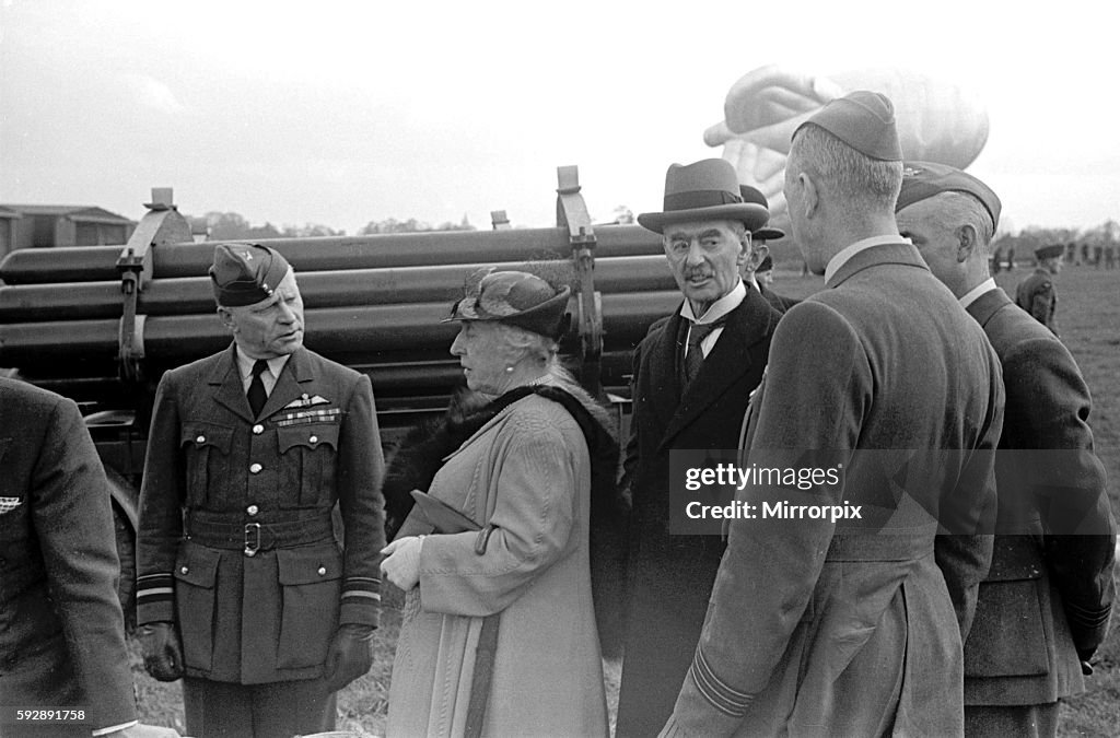 Royal Party at Hook. Balloon Barrage with the King and Queen and Prime Minister Neville Chamberlain in attendance. April