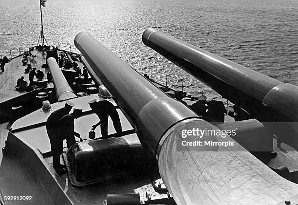 Scene on deck of the Royal Sovereign class battleship HMS Ramillies of The Royal Navy, showing her 15 inch guns prior to the Second World War January...