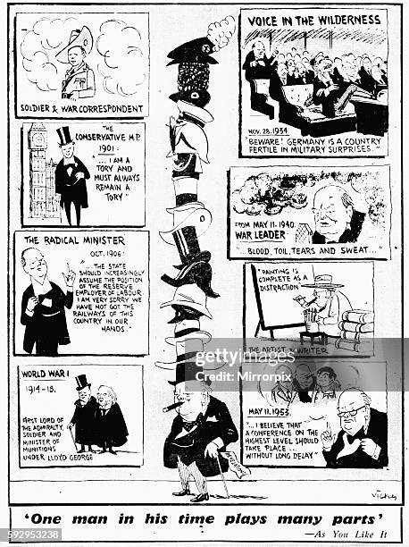 "One man in his time plays many parts" - 'As You Like It' Vicky cartoon 30th November 1954. Soldier & War Correspondent The Conservative M.P. 1901...