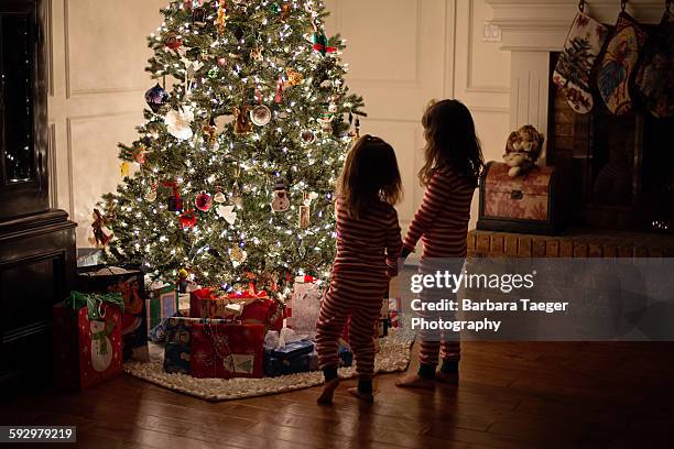 young girls looking at christmas tree - southern christmas 個照片及圖片檔