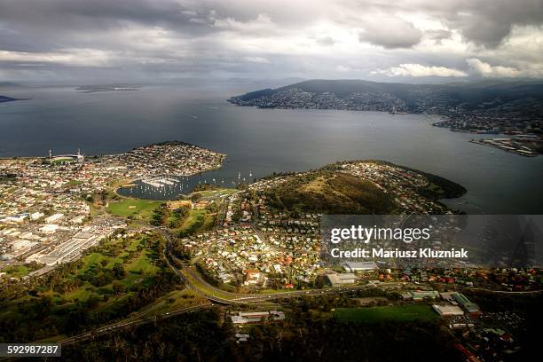 city of clarence and hobart bay aerial view - hobart tasmania stock pictures, royalty-free photos & images