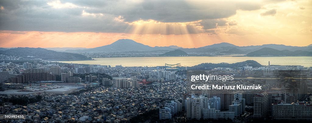 Aerial view of Fukuoka at sunset