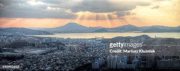 aerial view of fukuoka at sunset - fukuoka prefecture stock pictures, royalty-free photos & images